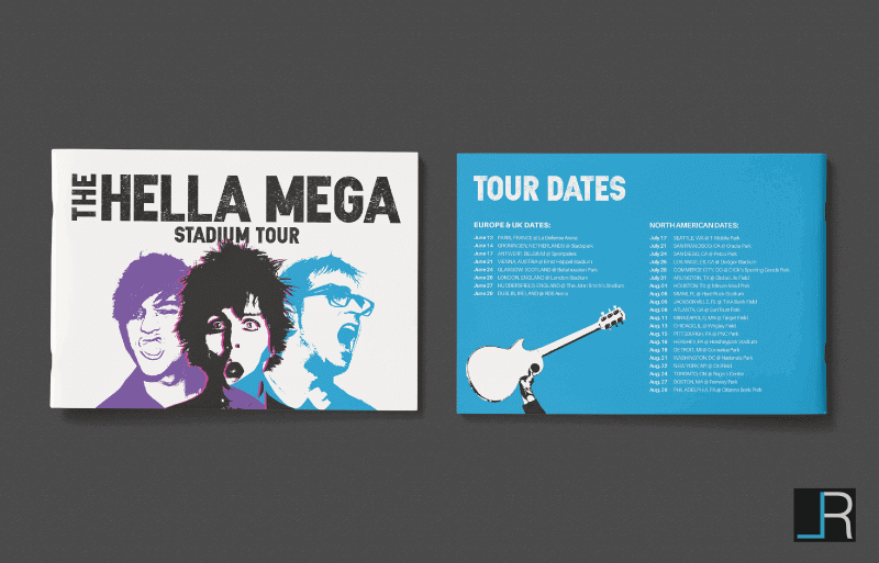 Hella Mega Tour Front and Back Cover: Vector illustrations of the band members using pink-black, purple and blue colour theme